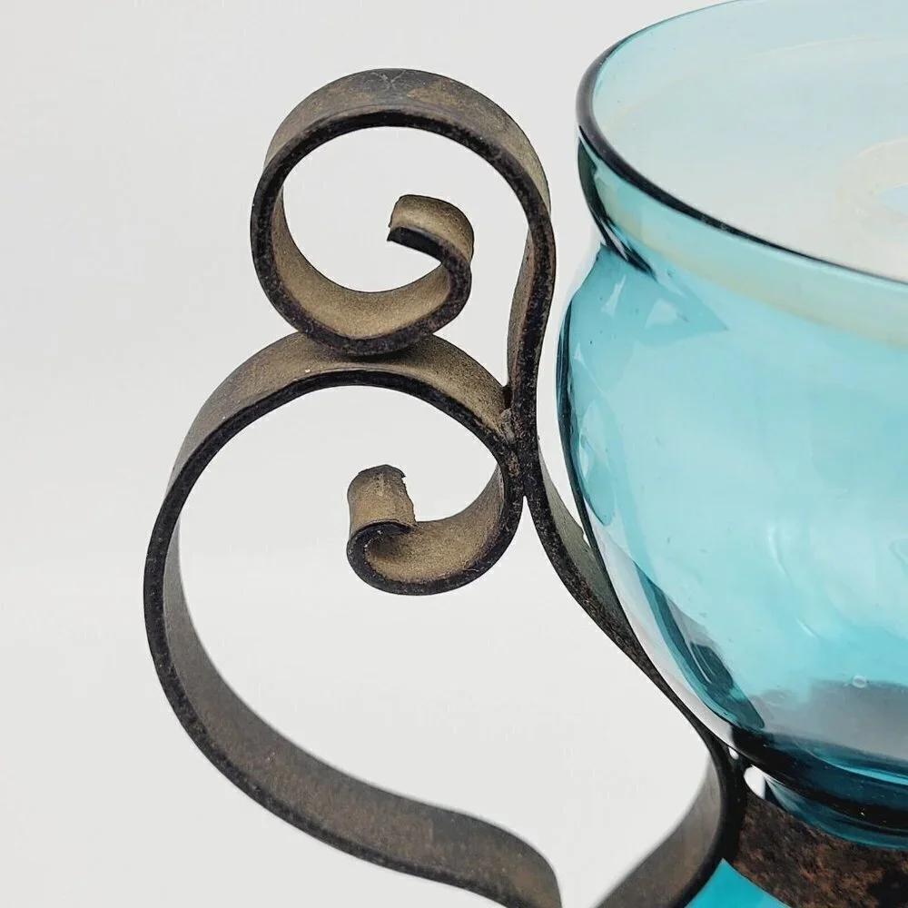 Vintage Aqua Blue Hourglass Shape Taper Candle Holder Wrought Iron Handle